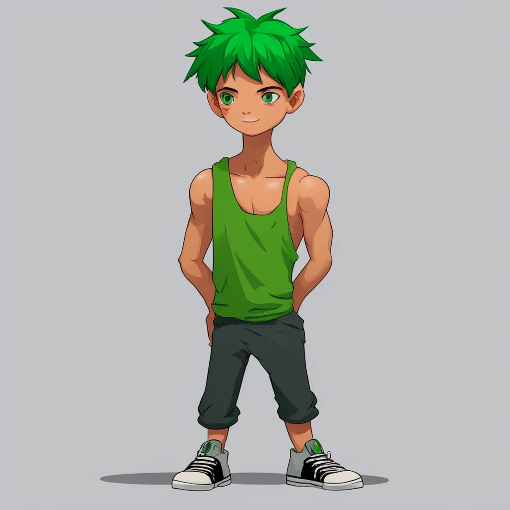  boy dangropia style character has short green hair as ultimate counsellor wearing no shirt with no socks or shoes and front view            amazing