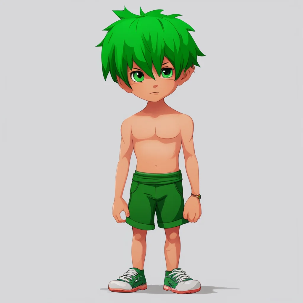  boy dangropia style character has short green hair as ultimate counsellor wearing no shirt with no socks or shoes and front view            confident