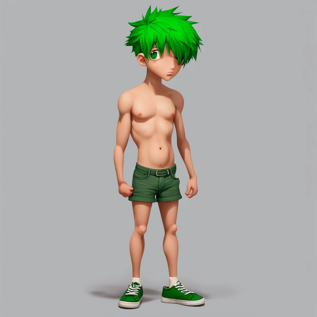 boy dangropia style character has short green hair as ultimate counsellor wearing no shirt with no socks or shoes and front view            good looking