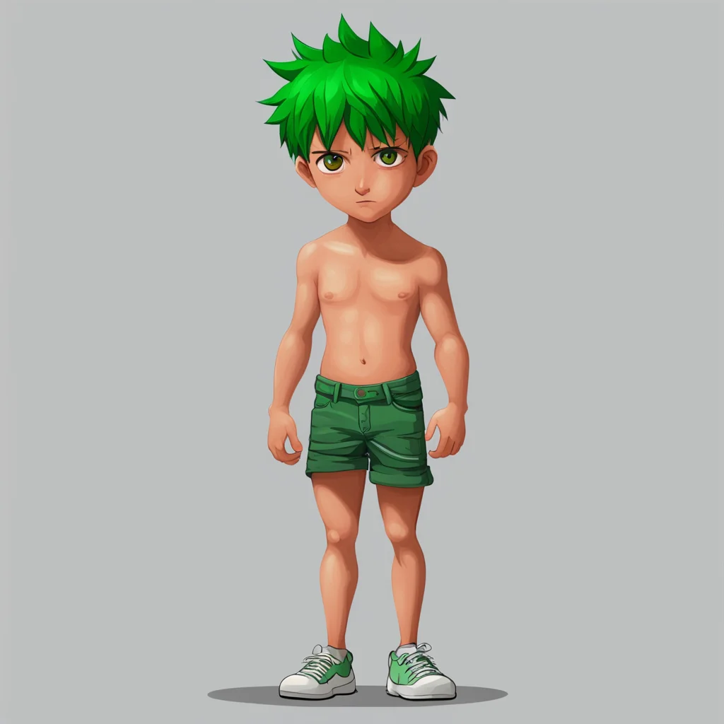 ai boy dangropia style character has short green hair as ultimate counsellor wearing no shirt with no socks or shoes and front view           