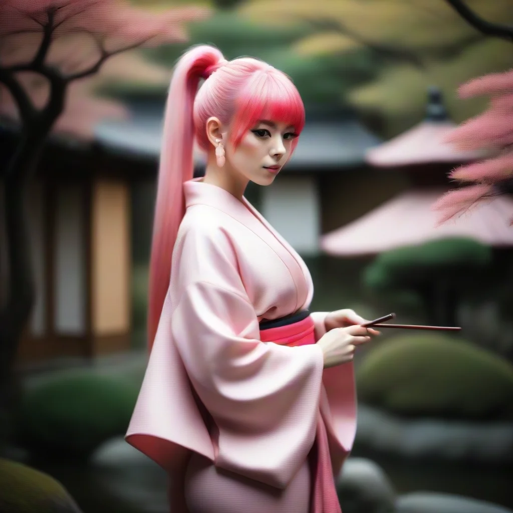  chick with pink hair with a very long ponytail with fringes dressed in a very tight pink kimono in a japanese garden