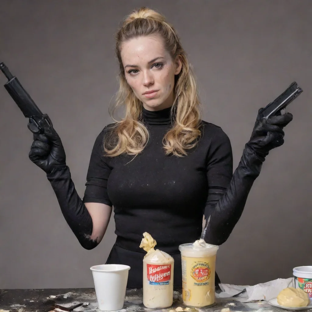 ai emily elizabeth howard with black gloves and gun and mayonnaise splattered everywhere 