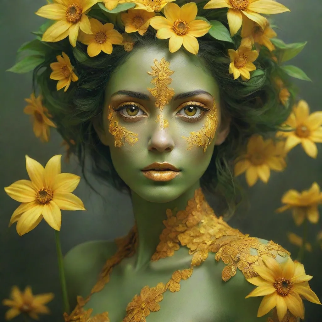 ai flower person with yellow petalsand golden eyesgreen skindigital art amazing awesome portrait 2