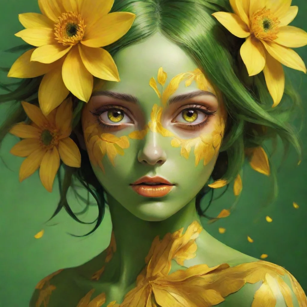 ai flower person with yellow petalsand golden eyesgreen skindigital art