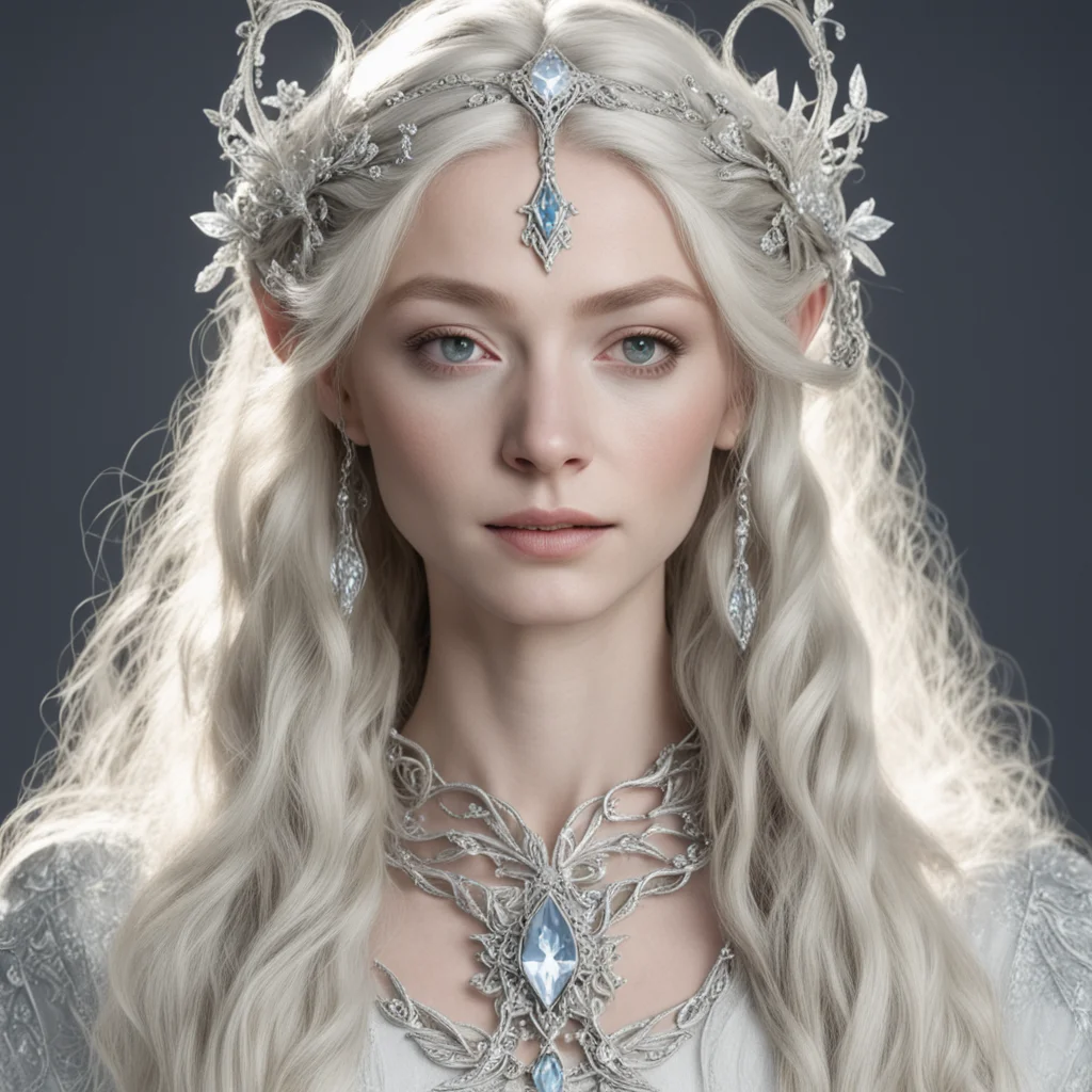  galadriel with blond hair and braids wearing silver vines encrusted with diamonds with silver flowers encrusted with diamonds forming a silver elvish circlet with large center diamond amazing aweso