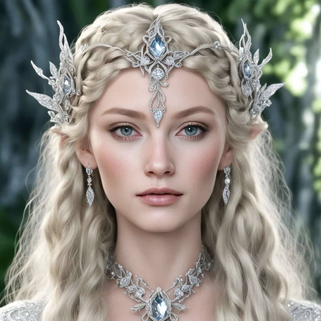  galadriel with blond hair and braids wearing silver vines encrusted with diamonds with silver flowers encrusted with diamonds forming a silver elvish circlet with large center diamond confident eng