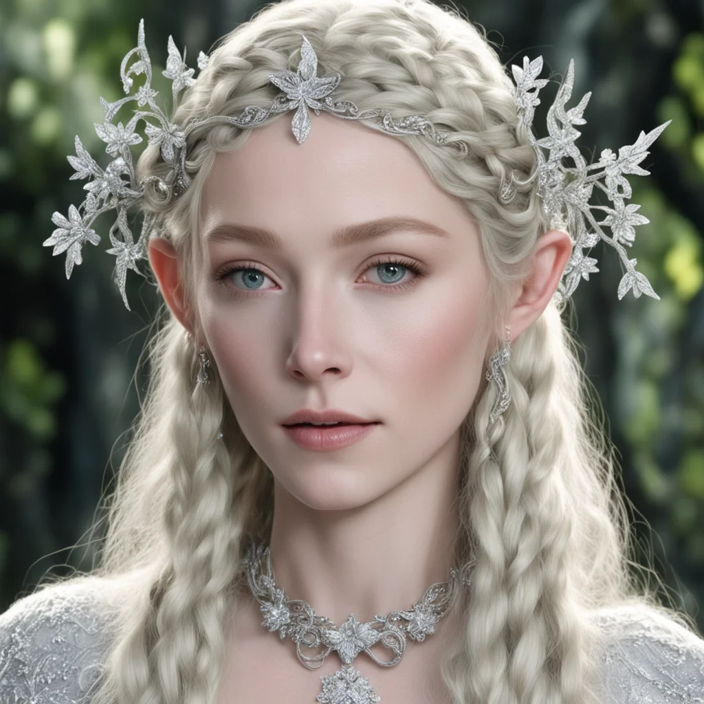 galadriel with blond hair and braids wearing silver vines encrusted with diamonds with silver flowers encrusted with diamonds forming a silver elvish circlet with large center diamond good looking 