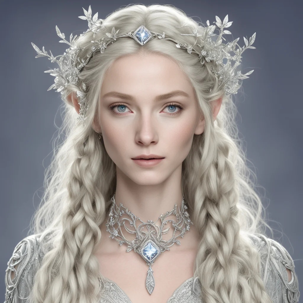  galadriel with blond hair and braids wearing silver vines encrusted with diamonds with silver flowers encrusted with diamonds forming a silver elvish circlet with large center diamond