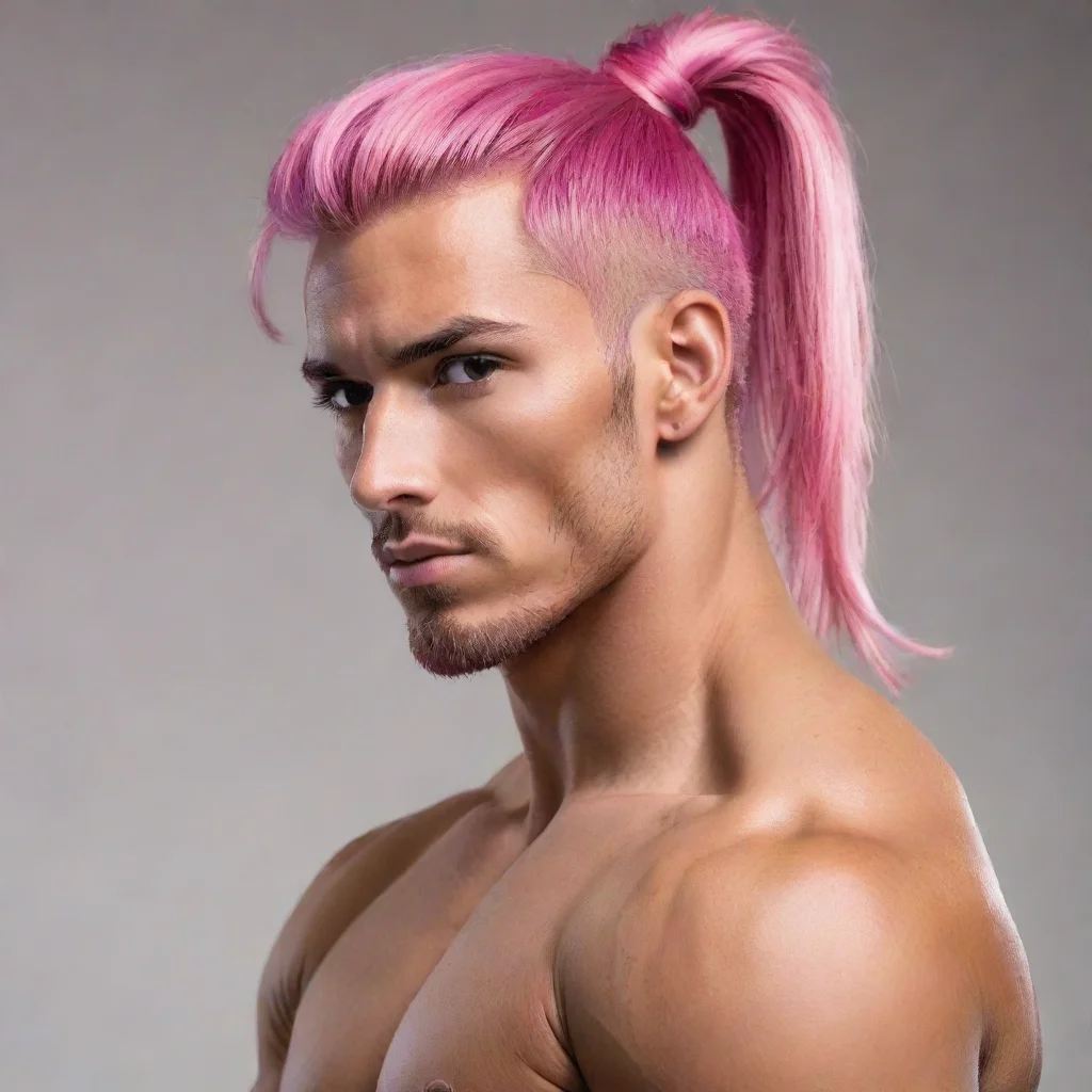 ai handsome tan skinned tall muscular withpink hair ponytail style man