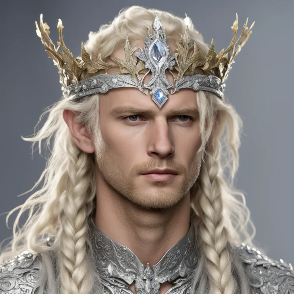 ai king amroth with blond hair with braids wearing silver oak leaf elvish circlet encrusted with diamonds with large center diamond  amazing awesome portrait 2