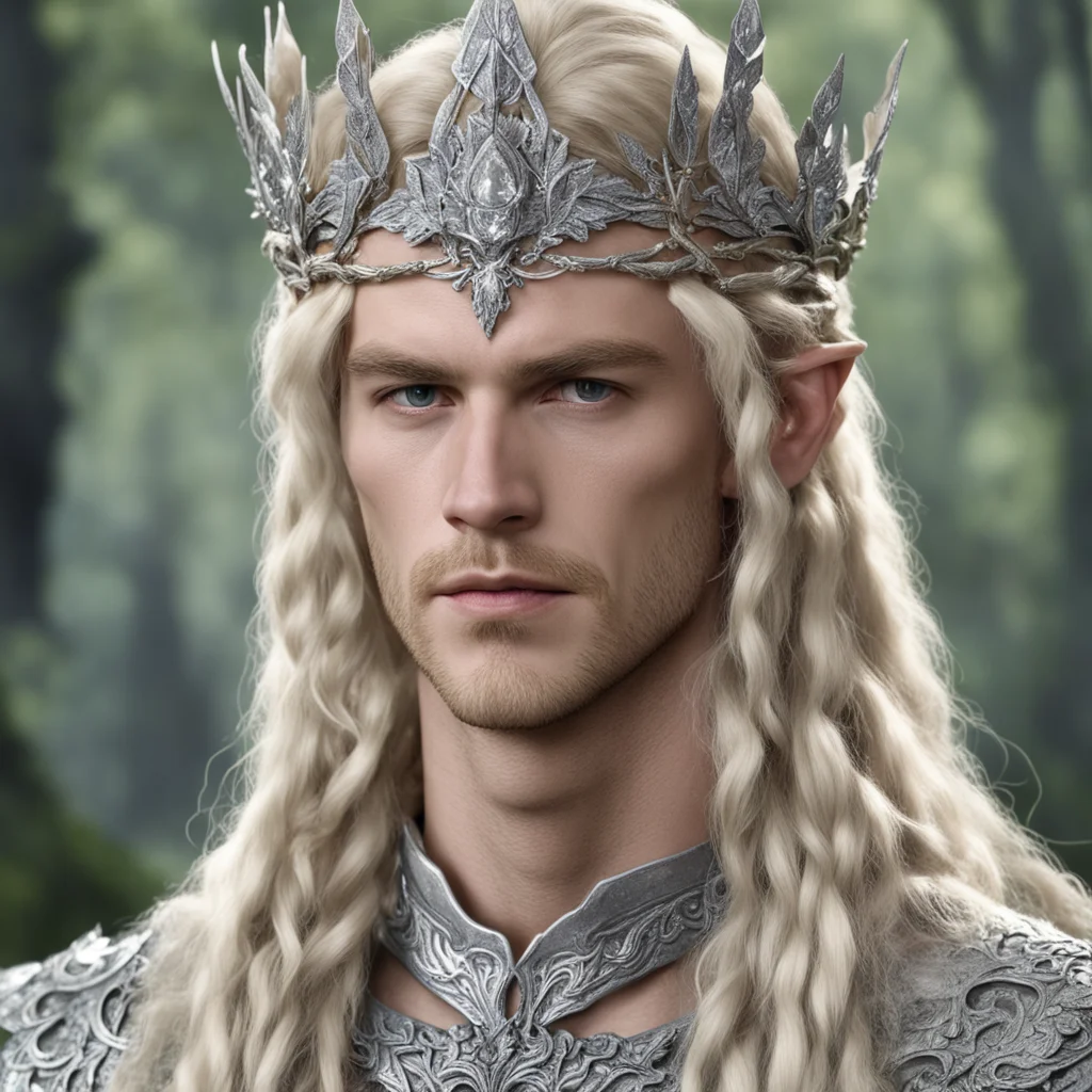 ai king amroth with blond hair with braids wearing silver oak leaf elvish circlet encrusted with diamonds with large center diamond  confident engaging wow artstation art 3