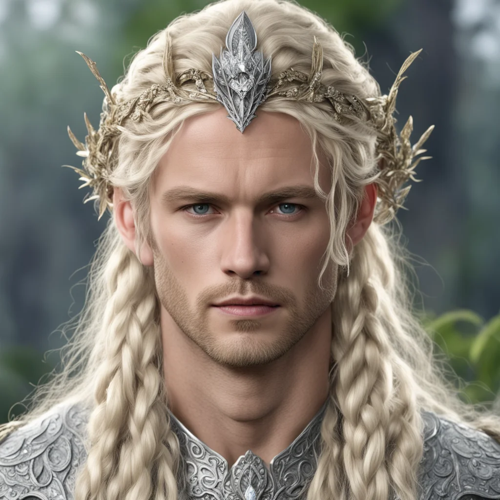ai king amroth with blond hair with braids wearing silver oak leaf elvish circlet encrusted with diamonds with large center diamond  good looking trending fantastic 1