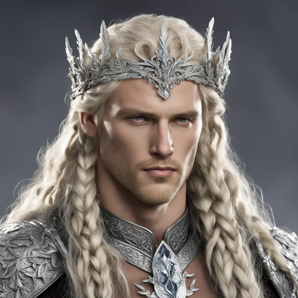  king amroth with blond hair with braids wearing silver oak leaf elvish circlet encrusted with diamonds with large center diamond 