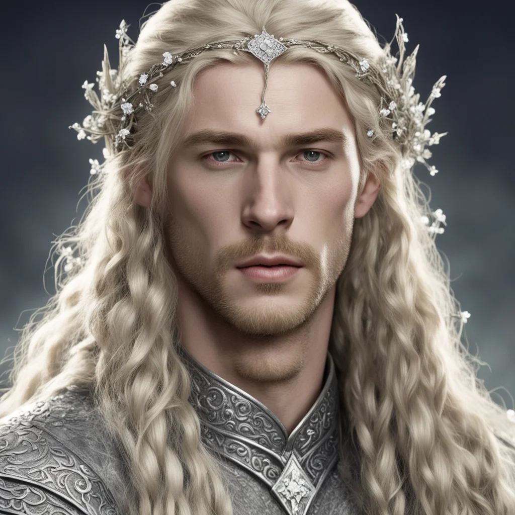ai king finrod with blond hair and braids wearing small silver flowers encrusted with diamonds forming a small silver elvish circlet with large center diamond  amazing awesome portrait 2