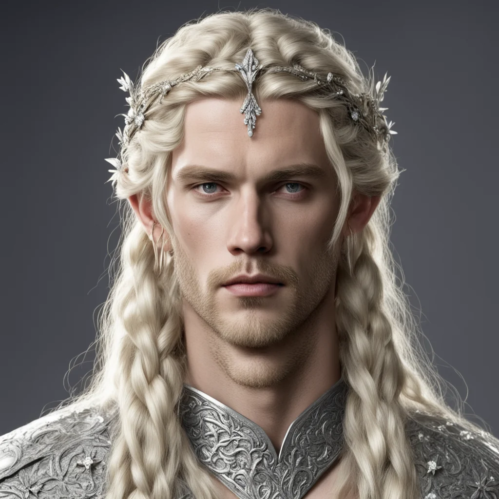 king finrod with blond hair and braids wearing small silver flowers encrusted with diamonds forming a small silver elvish circlet with large center diamond  good looking trending fantastic 1