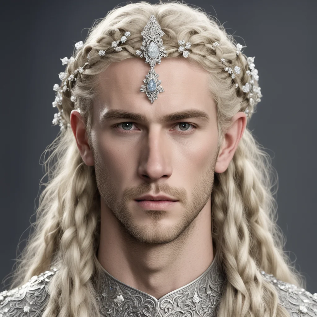 ai king finrod with blond hair and braids wearing small silver flowers encrusted with diamonds forming a small silver elvish circlet with large center diamond 