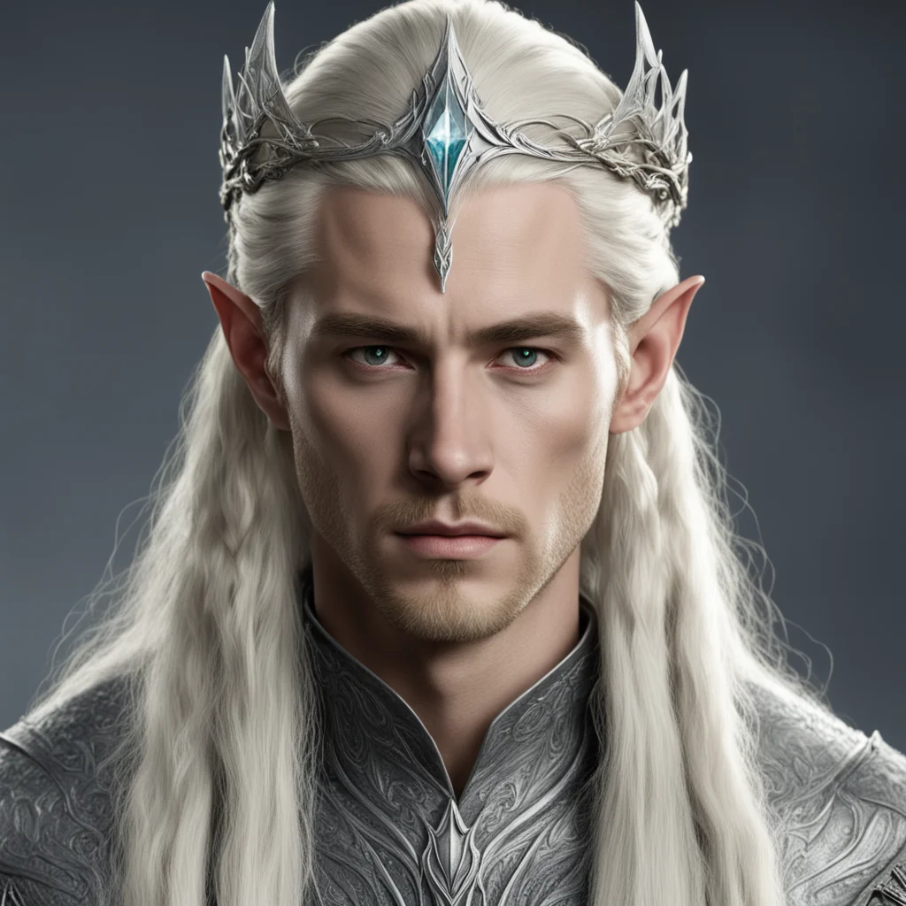  king thranduil with blond hair and braids wearing a small thin silver serpentine nandorin elvish circlet with large center diamond good looking trending fantastic 1