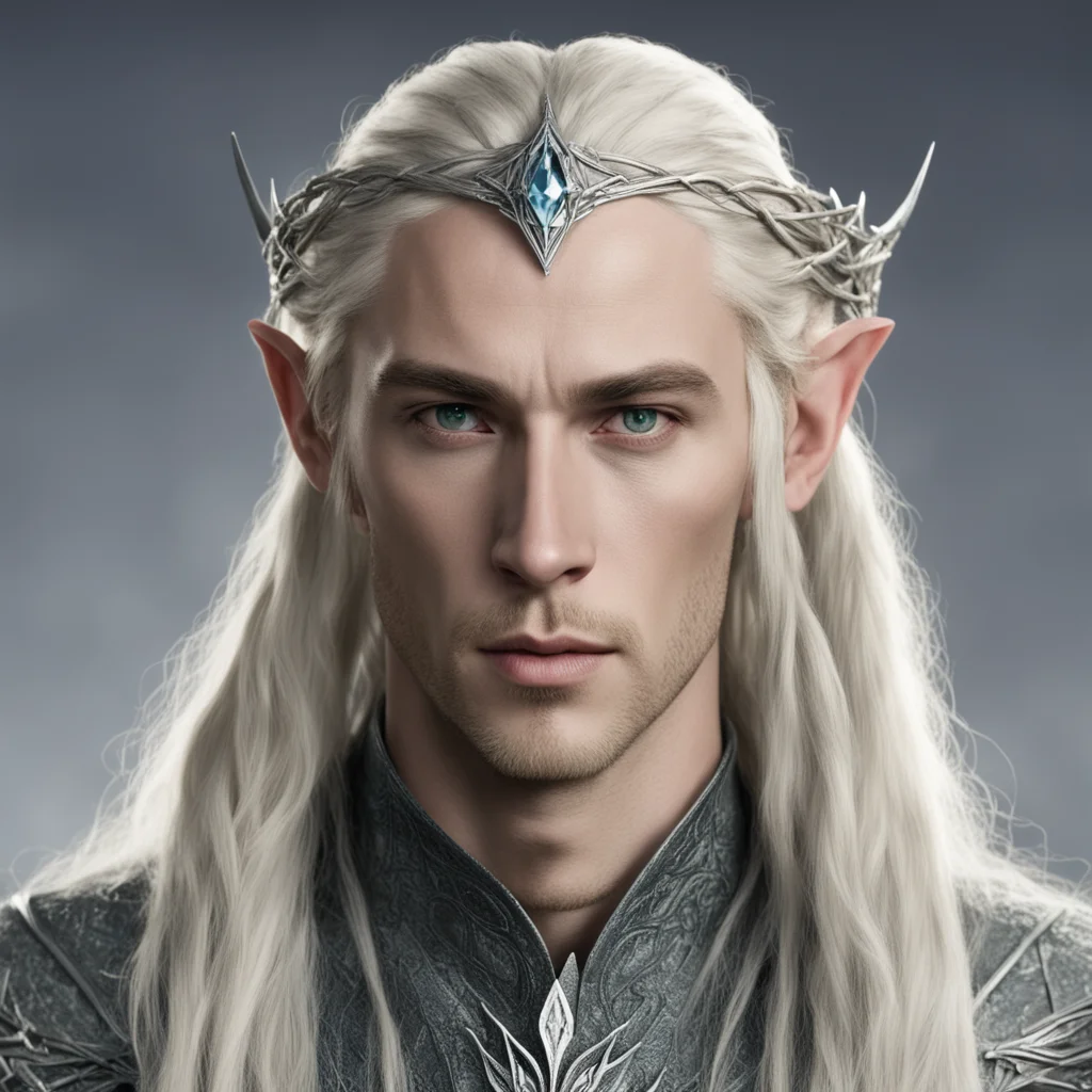 ai king thranduil with blond hair and braids wearing a small thin silver serpentine nandorin elvish circlet with large center diamond