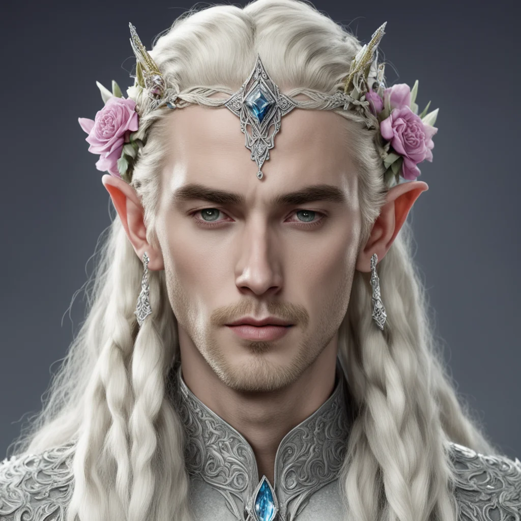  king thranduil with blond hair and braids wearing flowers encrusted with diamonds with diamond rosettes forming a silver sindarin elvish circlet with large center diamond  amazing awesome portrait 