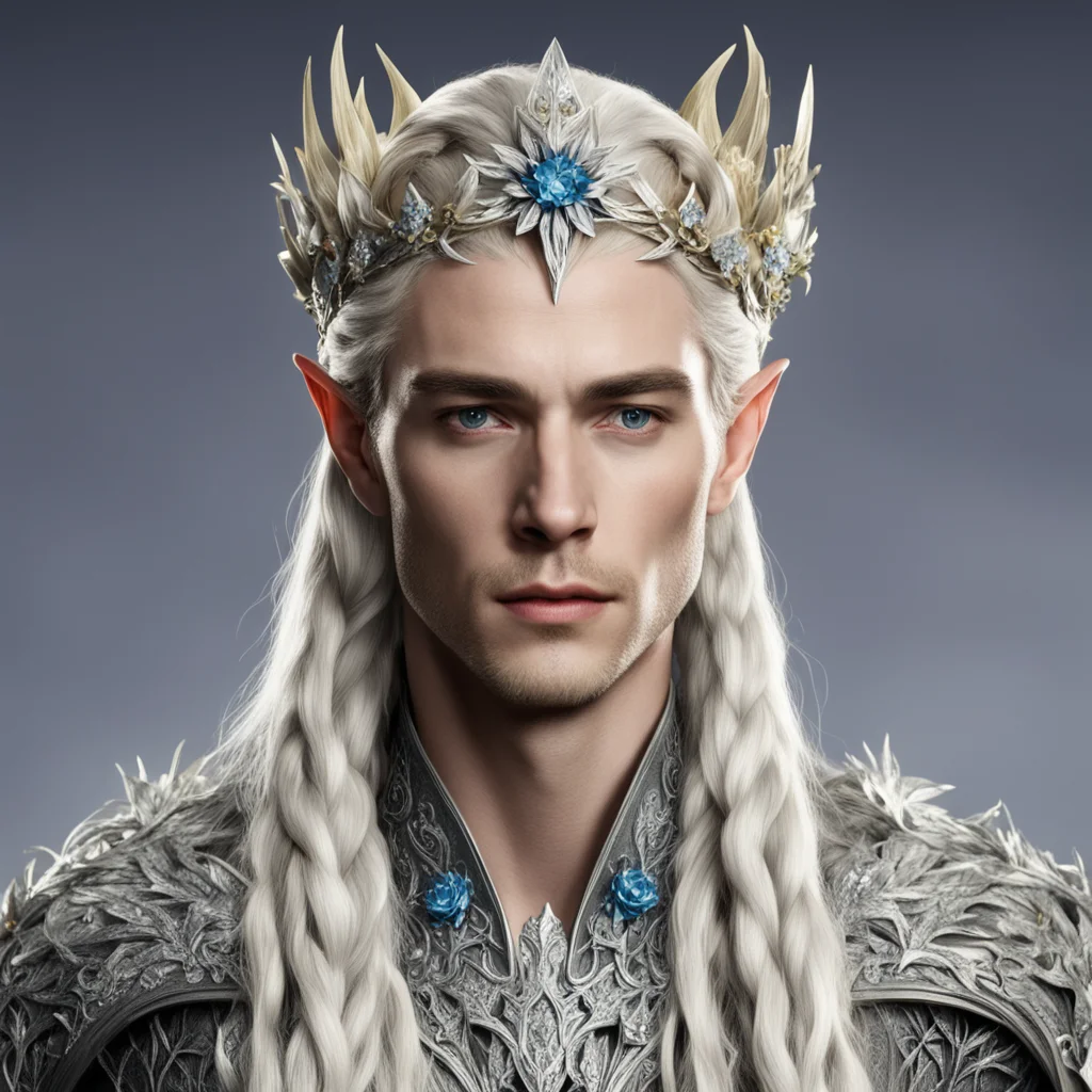  king thranduil with blond hair and braids wearing flowers encrusted with diamonds with diamond rosettes forming a silver sindarin elvish circlet with large center diamond 