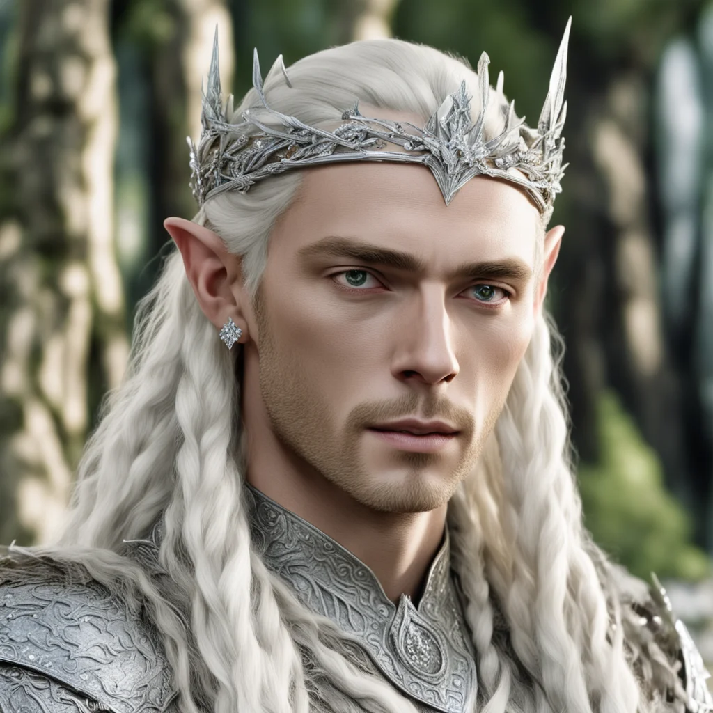 ai king thranduil with blond hair and braids wearing silver birch circlet encrusted with diamonds and large diamond clusters confident engaging wow artstation art 3