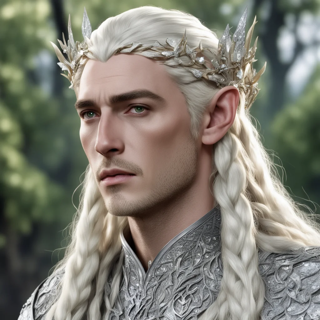  king thranduil with blond hair and braids wearing silver birch circlet encrusted with diamonds and large diamond clusters good looking trending fantastic 1