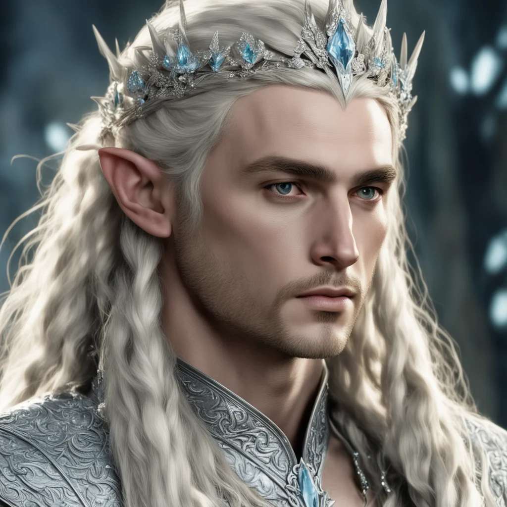  king thranduil with blond hair and braids wearing silver flower circlet encrusted with diamonds and large diamond clusters with large center diamond amazing awesome portrait 2