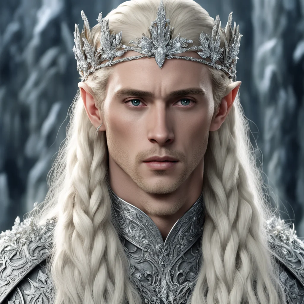 ai king thranduil with blond hair and braids wearing silver flower circlet encrusted with diamonds and large diamond clusters with large center diamond confident engaging wow artstation art 3