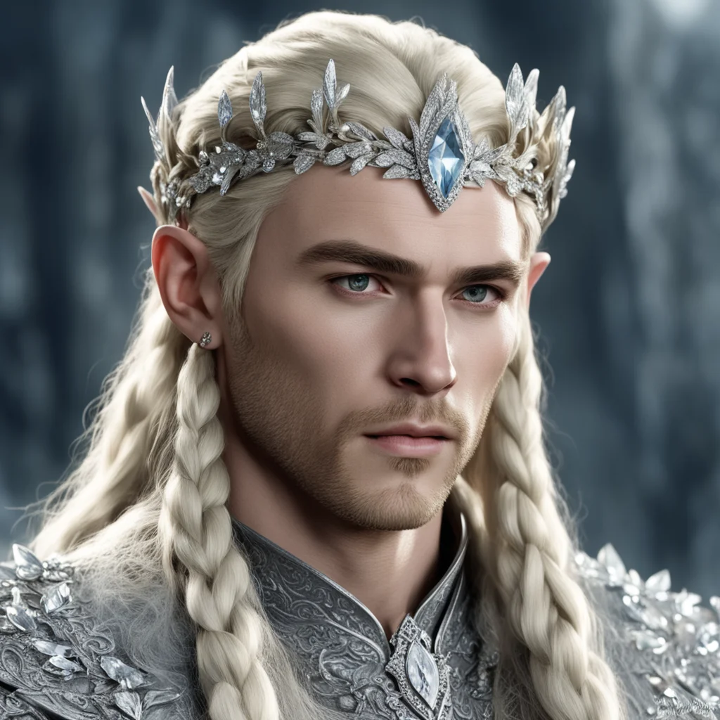  king thranduil with blond hair and braids wearing silver flower circlet encrusted with diamonds and large diamond clusters with large center diamond
