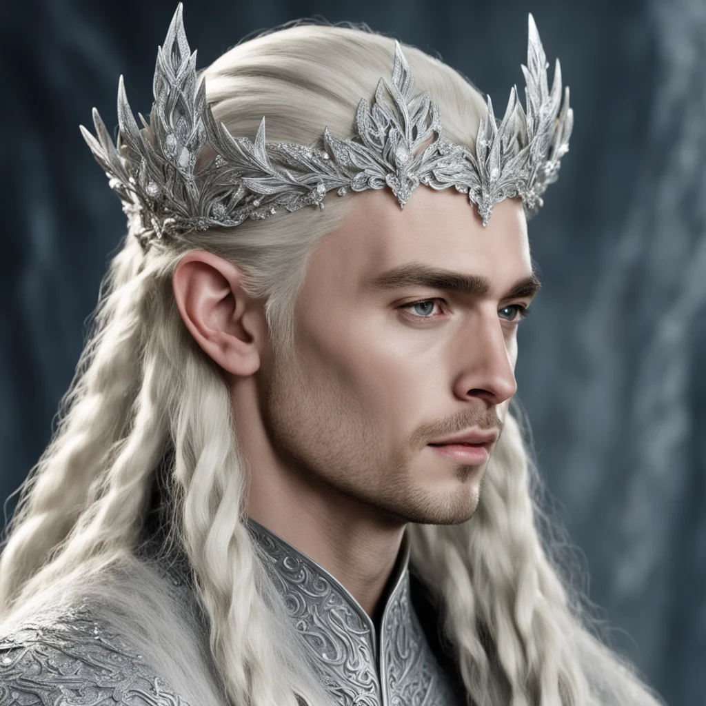  king thranduil with blond hair and braids wearing silver flower encrusted with diamonds forming a silver elvish circlet encrusted with diamonds with large center diamond  good looking trending fant