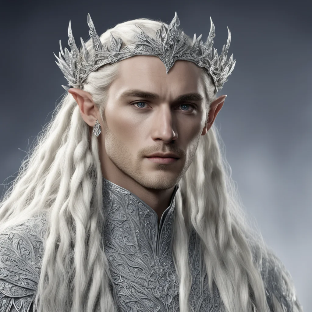  king thranduil with blond hair and braids wearing silver flower encrusted with diamonds forming a silver elvish circlet encrusted with diamonds with large center diamond 