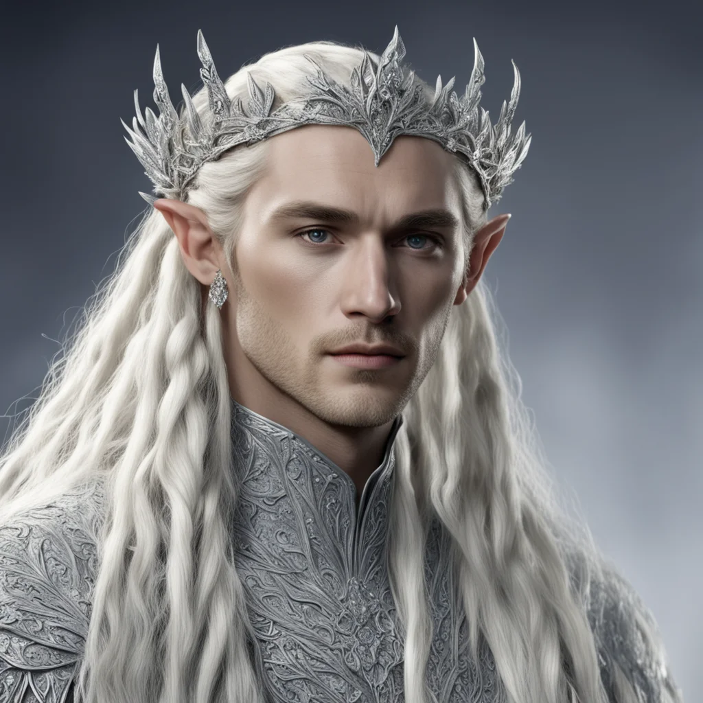 ai king thranduil with blond hair and braids wearing silver flower encrusted with diamonds forming a silver elvish circlet encrusted with diamonds with large center diamond 