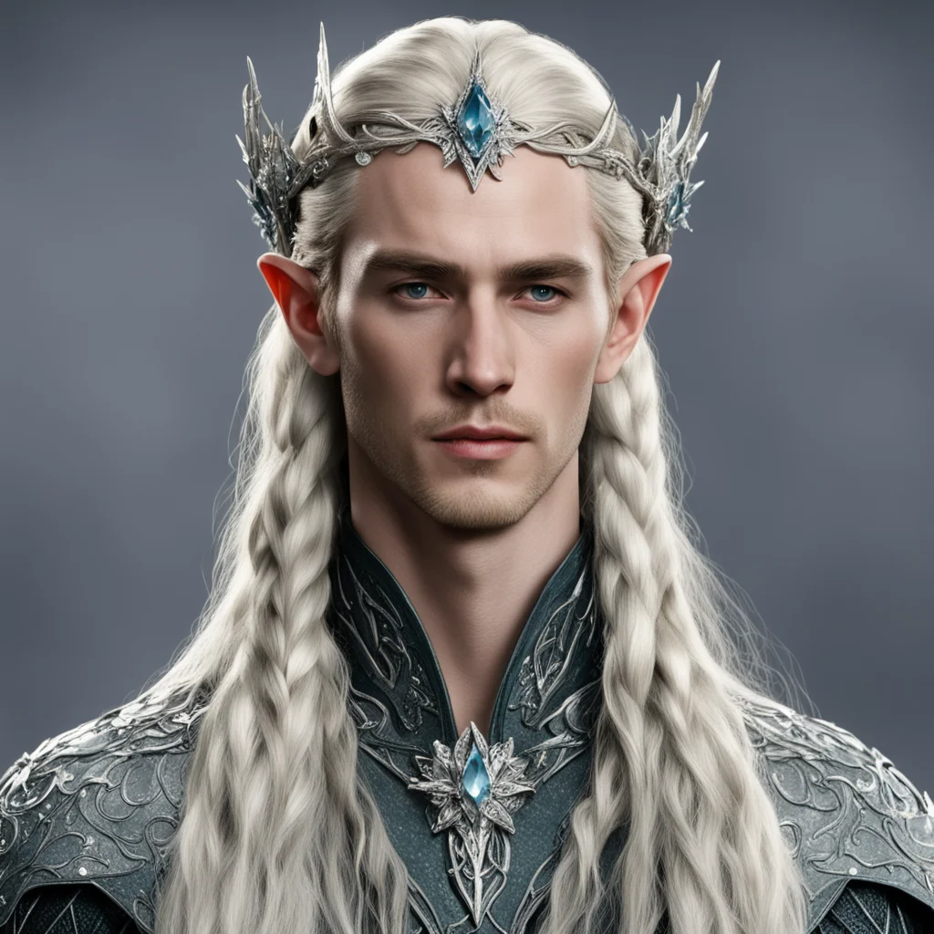  king thranduil with blond hair and braids wearing silver flower serpentine sindarin elvish circlet encrusted with diamonds with large center diamond 