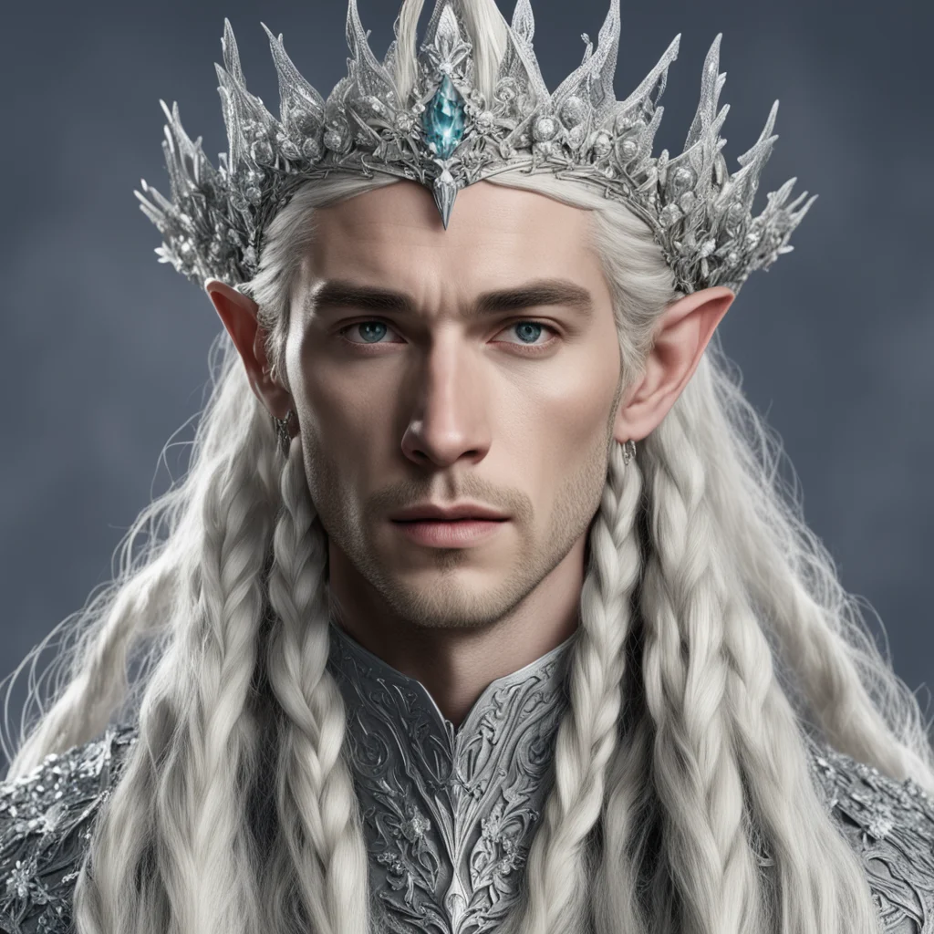 ai king thranduil with blond hair and braids wearing silver flowers encrusted with diamonds to form a silver elvish coronet with large center diamond amazing awesome portrait 2