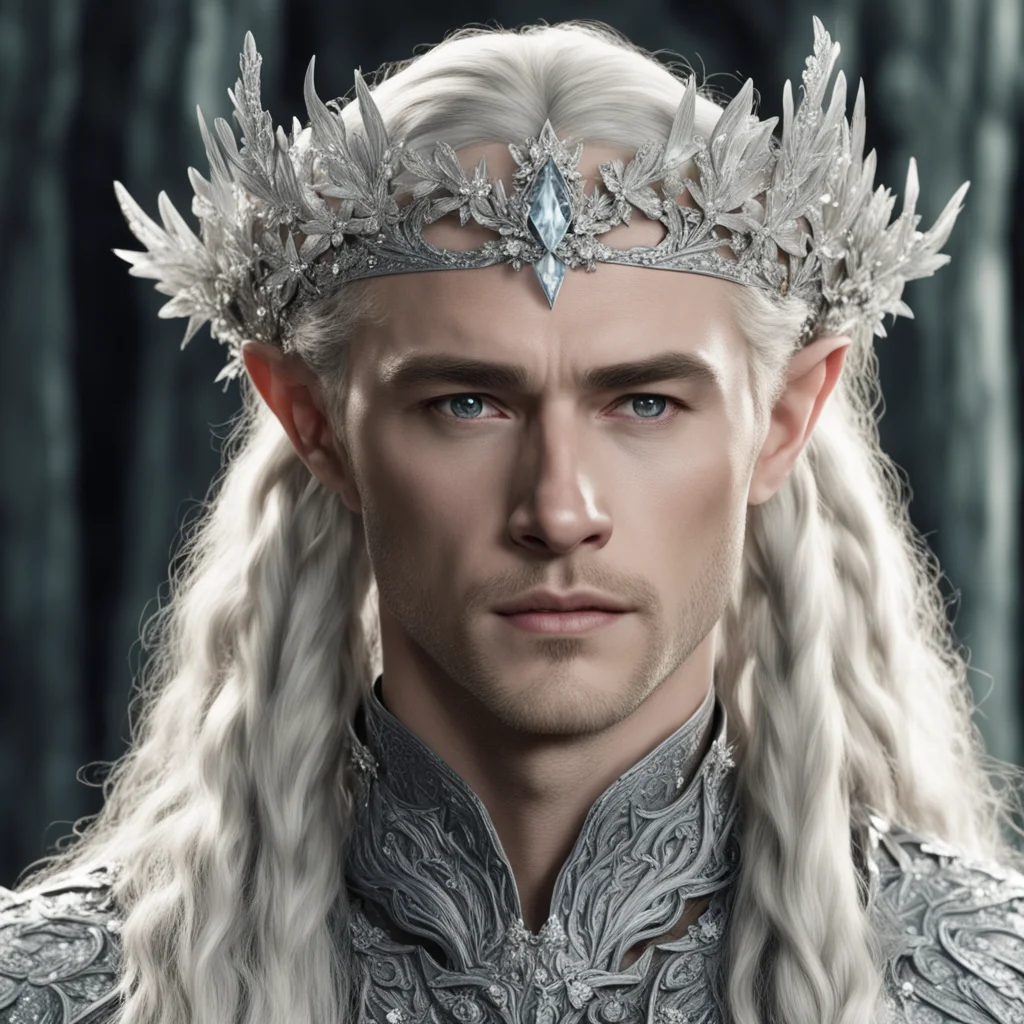 ai king thranduil with blond hair and braids wearing silver flowers encrusted with diamonds to form a silver elvish coronet with large center diamond confident engaging wow artstation art 3