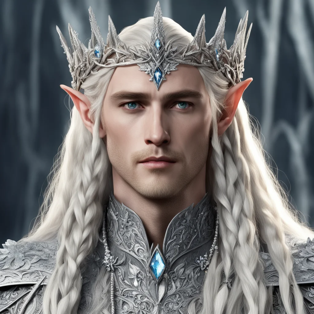 ai king thranduil with blond hair and braids wearing silver flowers encrusted with diamonds to form a silver elvish coronet with large center diamond good looking trending fantastic 1
