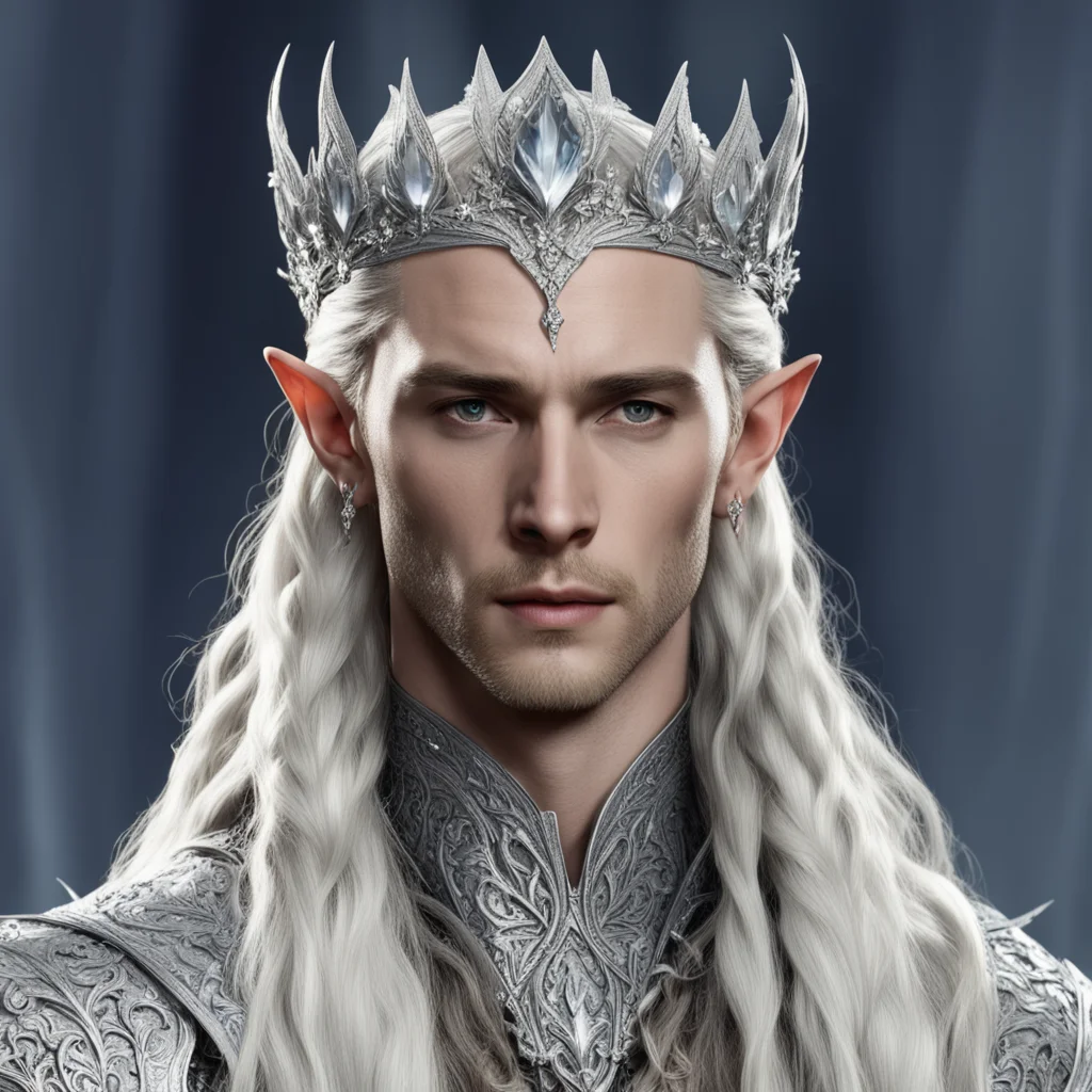 ai king thranduil with blond hair and braids wearing silver flowers encrusted with diamonds to form a silver elvish coronet with large center diamond