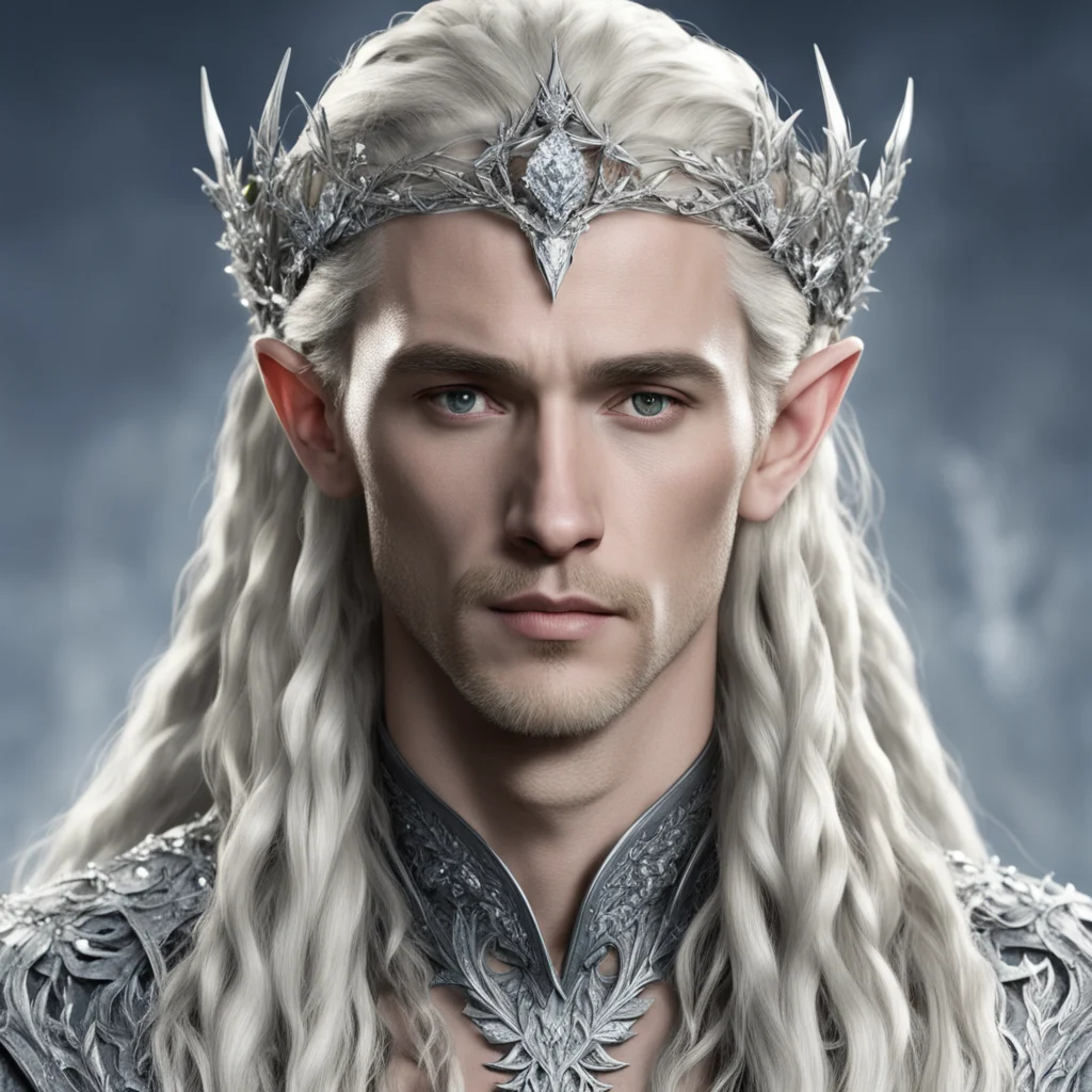 king thranduil with blond hair and braids wearing silver holly leaves encrusted with diamonds and large round diamond clusters to form a small silver elvish coronet with large center diamond amazin