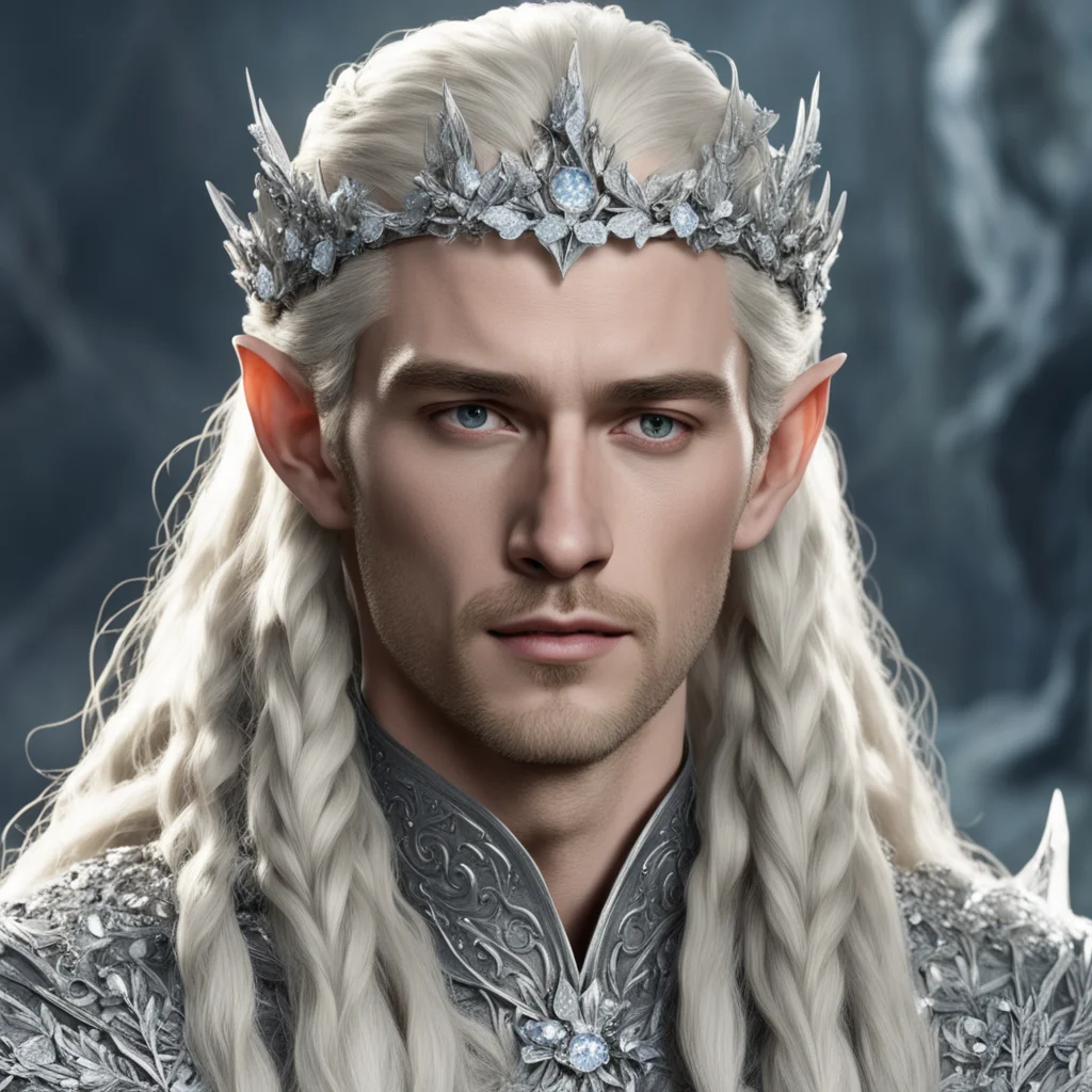 ai king thranduil with blond hair and braids wearing silver holly leaves encrusted with diamonds and large round diamond clusters to form a small silver elvish coronet with large center diamond