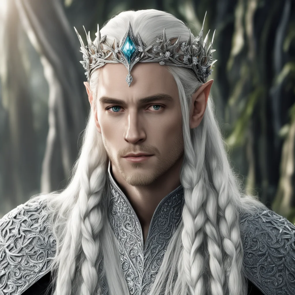  king thranduil with blond hair and braids wearing silver holly leaves encrusted with diamonds with clusters of diamond berries to form a silver sindarin elvish circlet with large center diamond  am