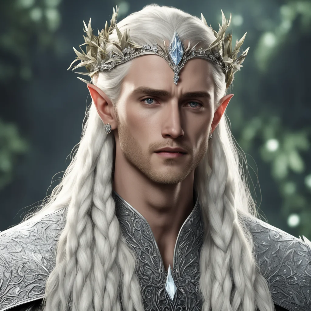  king thranduil with blond hair and braids wearing silver holly leaves encrusted with diamonds with clusters of diamond berries to form a silver sindarin elvish circlet with large center diamond  go