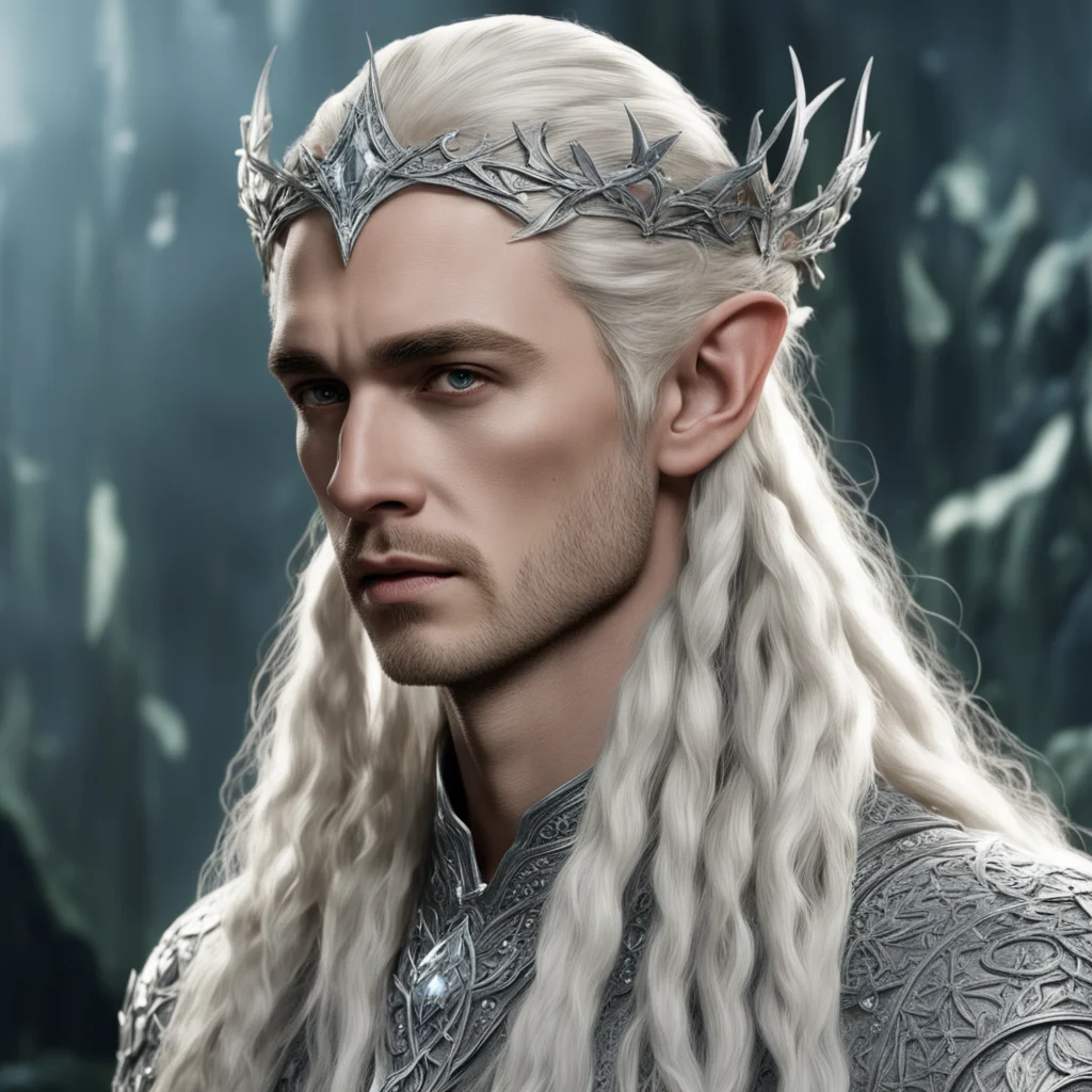 ai king thranduil with blond hair and braids wearing silver ivy encrusted with diamonds to form a silver elvish cirlcet with large diamond in the center of the circlet amazing awesome portrait 2