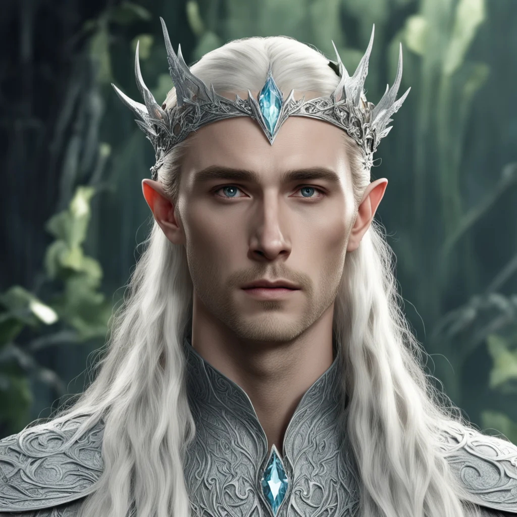  king thranduil with blond hair and braids wearing silver ivy encrusted with diamonds to form a silver elvish cirlcet with large diamond in the center of the circlet confident engaging wow artstatio