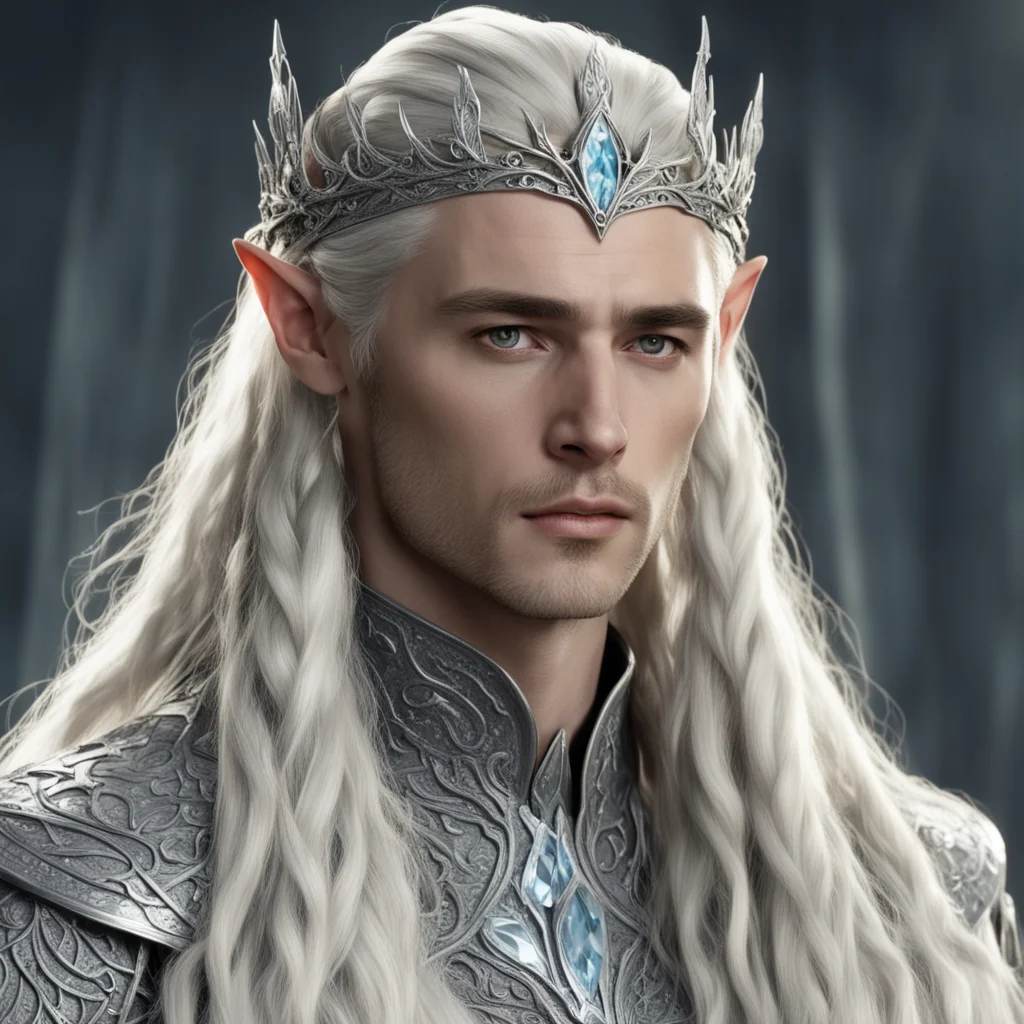  king thranduil with blond hair and braids wearing silver ivy encrusted with diamonds to form a silver elvish cirlcet with large diamond in the center of the circlet good looking trending fantastic 