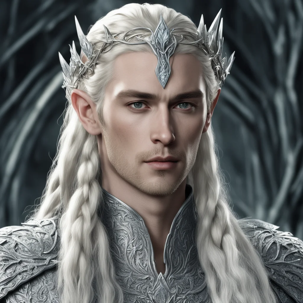  king thranduil with blond hair and braids wearing silver ivy encrusted with diamonds to form a silver elvish cirlcet with large diamond in the center of the circlet