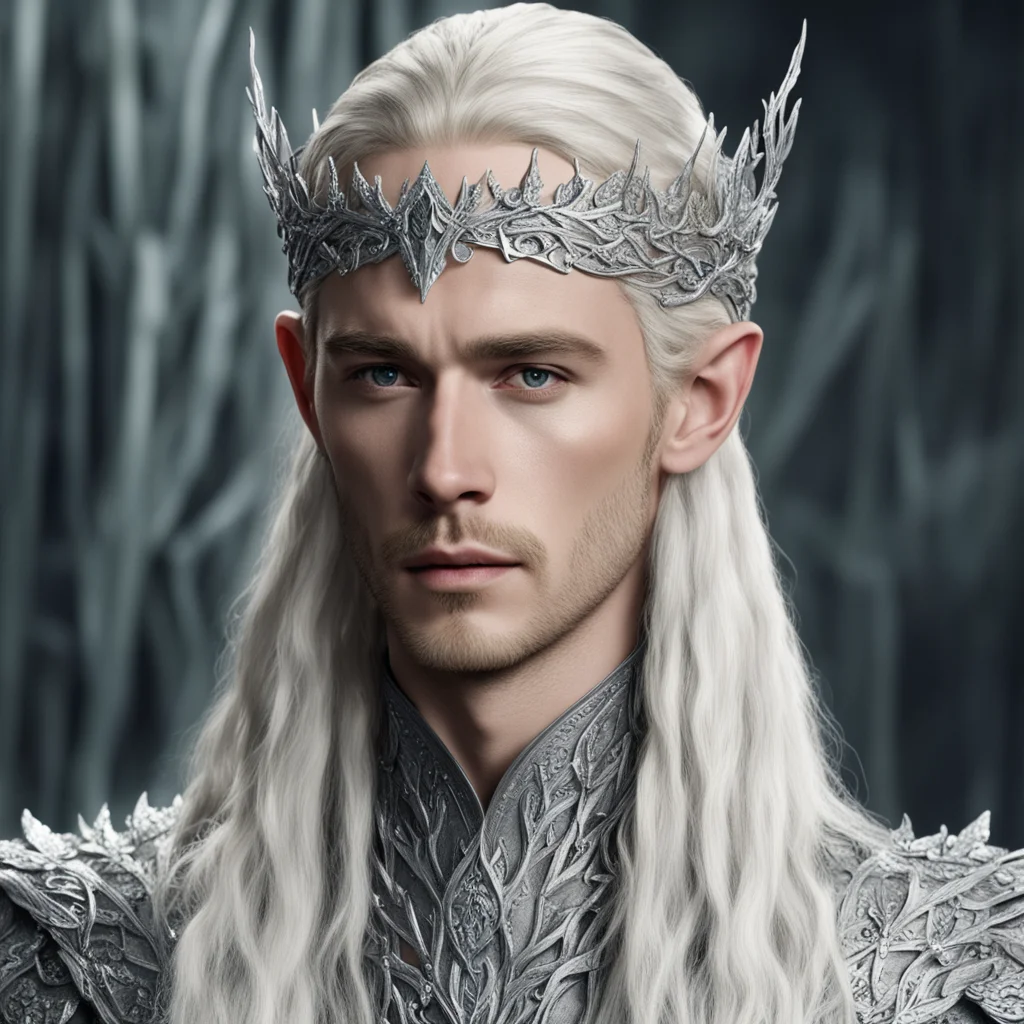  king thranduil with blond hair and braids wearing silver oak leaf encrusted with diamonds forming a silver serpentine elvish circlet encrusted with diamonds with large center diamond confident enga