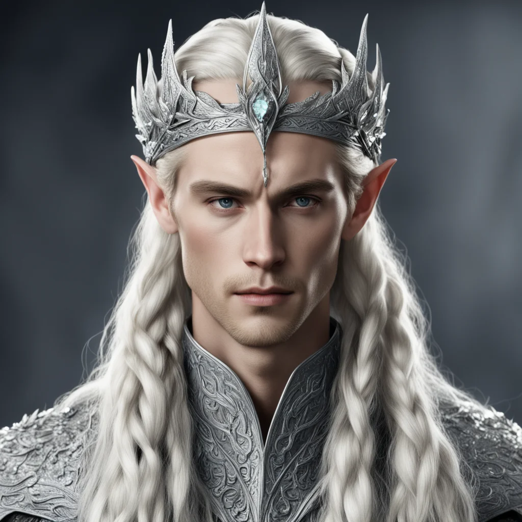 ai king thranduil with blond hair and braids wearing silver oak leaf encrusted with diamonds forming a silver serpentine elvish circlet encrusted with diamonds with large center diamond