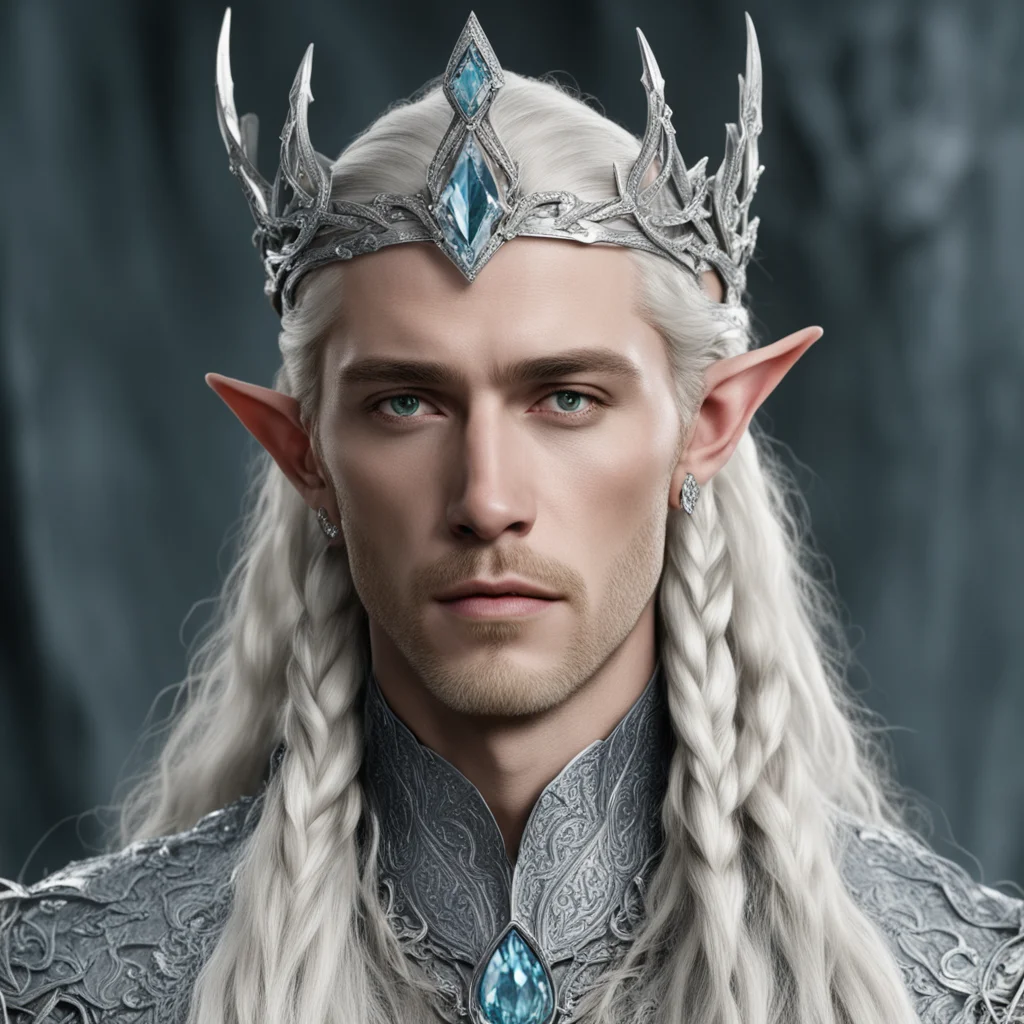 ai king thranduil with blond hair and braids wearing silver serpentine elvish circlet encrusted with diamonds with large center diamond amazing awesome portrait 2