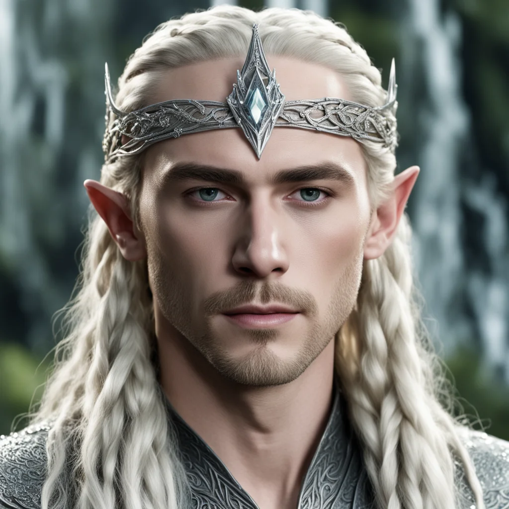 ai king thranduil with blond hair and braids wearing silver serpentine elvish circlet encrusted with diamonds with large center diamond confident engaging wow artstation art 3