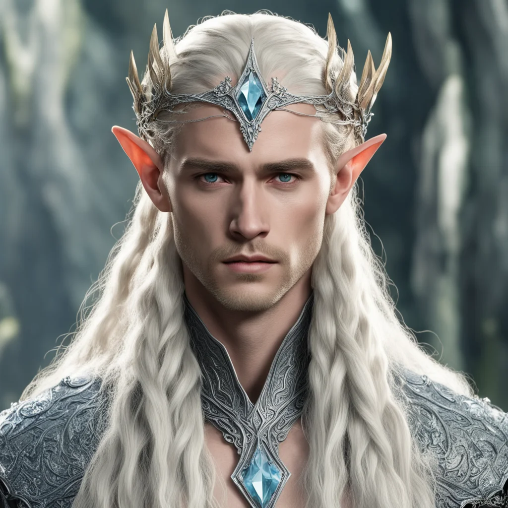 ai king thranduil with blond hair and braids wearing silver serpentine elvish circlet encrusted with diamonds with large center diamond